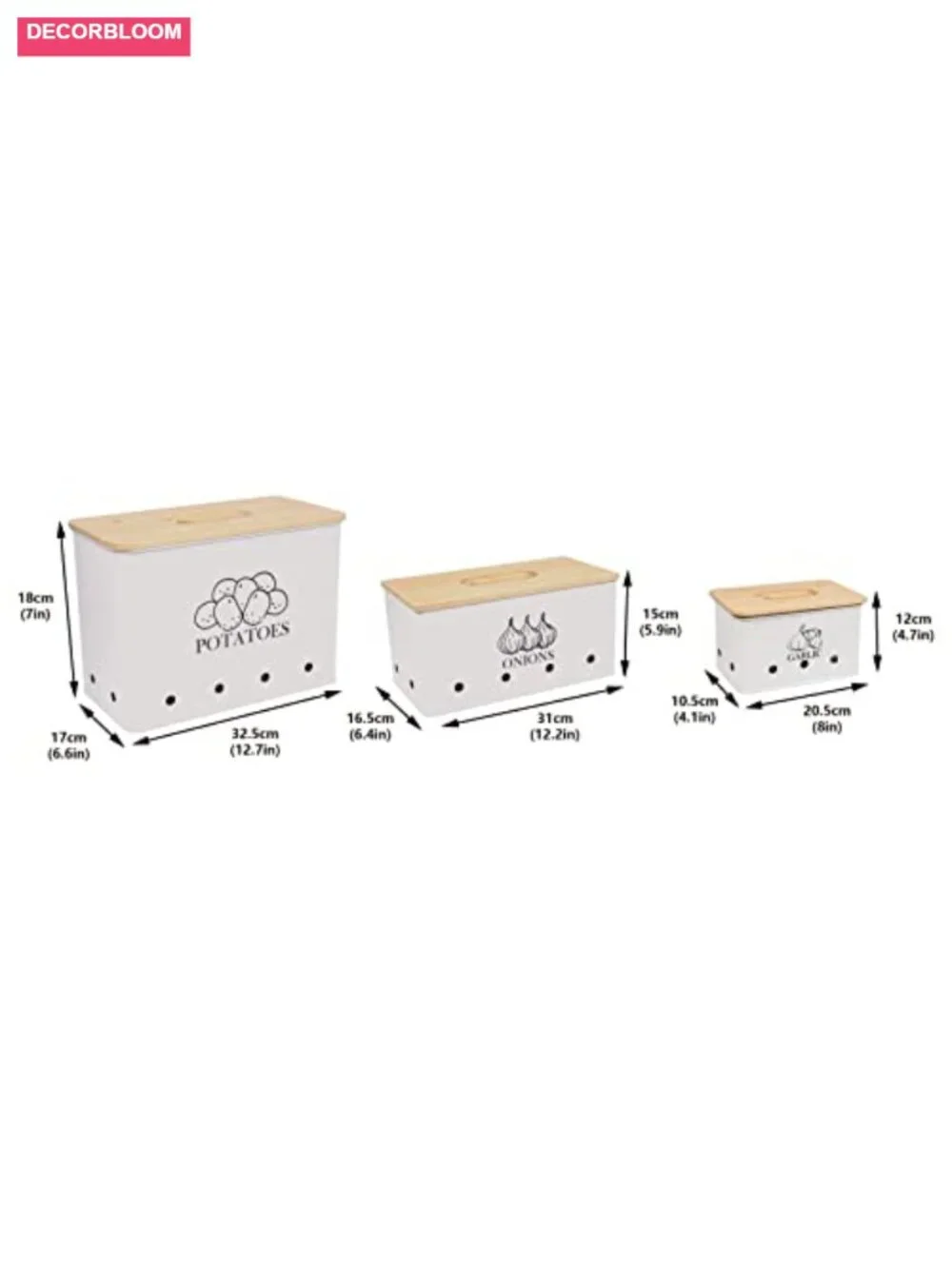 Set of 3 Metal Vegetable Storage Tins with Wooden Lids and Aerating Holes